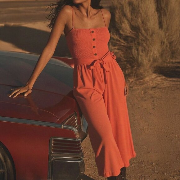 New York & Company Sleeveless Smocked Wide Leg Cropped Tencel Jumpsuit Size SMAL - Picture 2 of 3